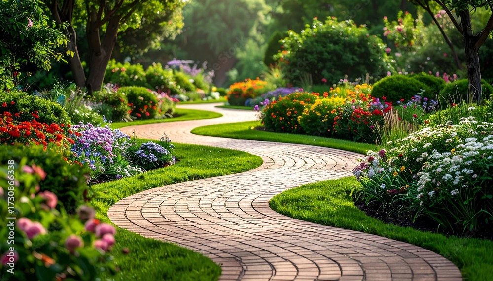 Fototapeta premium Beautiful Garden Pathway Winding Through Lush Flowers.
