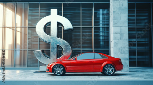 Red luxury car parked beside giant dollar sign sculpture