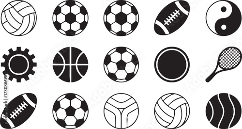 Athletic recreation silhouettes featuring tennis ball and team sports designs