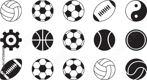 Vector icons set of sports balls including soccer, basketball, volleyball, and football