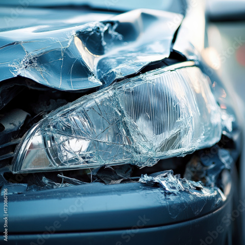 Close-Up of Broken Headlight and Crumpled Hood After Car Accident