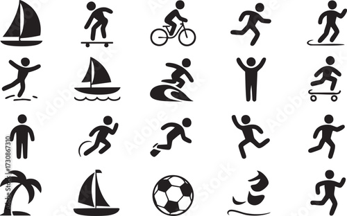 Outdoor recreation silhouettes featuring cycling, sailing, and athletic lifestyles