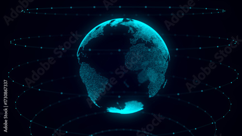 Network connection structure. Abstract technology background with digital connecting data on planet. Map Earth of dots. Blockchain concept. 3D rendering.