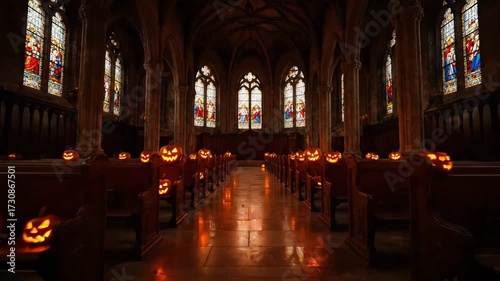 Spooky Halloween church video featuring glowing jack-o'-lanterns on pews creating eerie ambiance and gothic architecture perfect for haunted holiday events