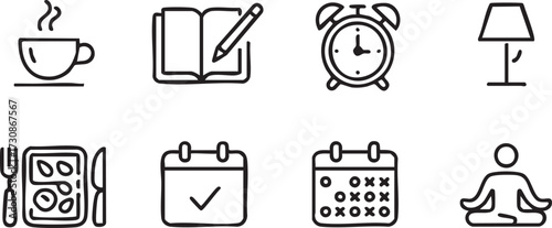 Productivity and balance icons set with wellness and lifestyle activity illustrations