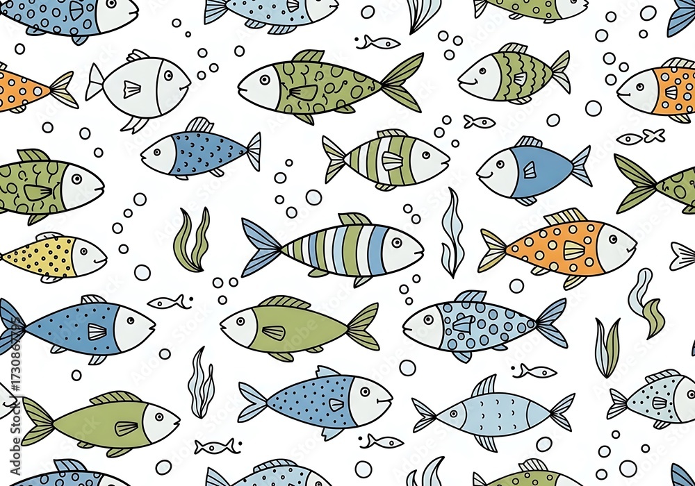 Playful ocean life pattern featuring whimsical fish and aquatic plants
