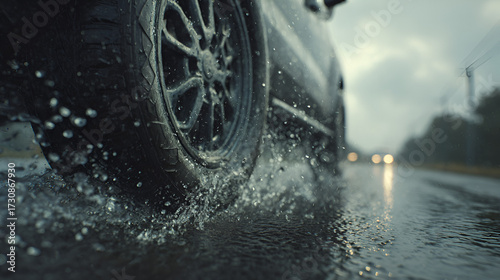 Car tire splashing through water on a wet road during a storm
