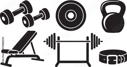 Vector icons set of gym equipment including dumbbells, barbell, and kettlebell