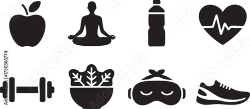 Healthy living vector illustrations showing exercise, diet, and mindfulness
