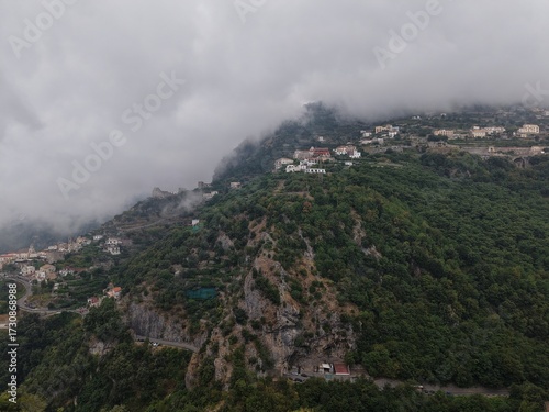 Aerial view of Ravello with dramatic afternoon sky