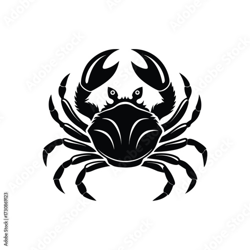 A bold black silhouette of a crab with large, raised pincers presented as a simple graphic icon on a white background
