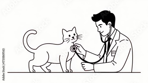 Vet examining a cat with a stethoscope in a minimalist black and white illustration, suitable for pet health.