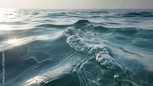 Ocean Water Surface With Sunlight Reflections and Bubbles