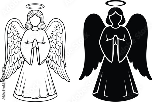 Angel illustration, praying figure with wings, spiritual silhouette design, decorative religious artwork, Christmas holiday vector, serene symbol drawing