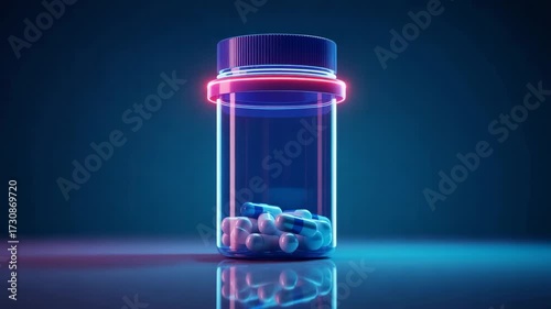 Vibrant neon pill bottle art featuring medical capsules. Futuristic, glowing design on dark blue backdrop.