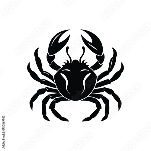 A stylized black crab silhouette with raised claws depicted as a simple graphic icon on a plain white background