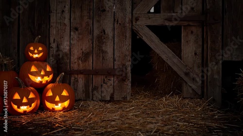Spooky Halloween night scene with carved pumpkins glowing eerily near a rustic barn, perfect for holiday promotions and autumn season events
