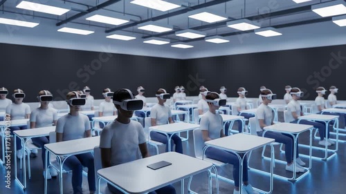 Virtual reality classroom technology education, metaverse, studying immersive experience, VR headsets students at lesson
