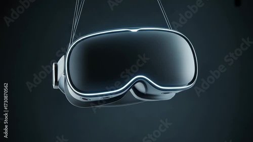 VR headset futuristic design, 3D render concept with neon glow, technology product visual