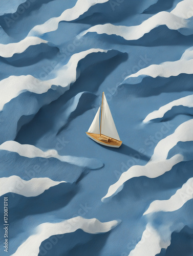 Small sailboat floating on stylized blue and white striped ocean waves. Minimal and playful nautical design perfect for children's illustrations, marine themes, or creative backgrounds.