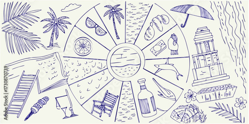Whimsical hand drawn doodle art depicting a summer vacation and beach resort lifestyle elements arranged in a circular pattern