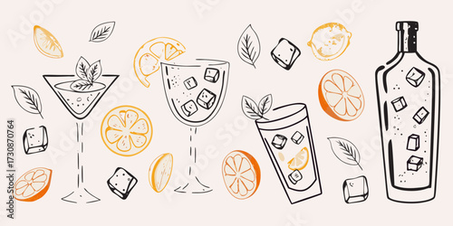 Hand drawn illustration of refreshing summer cocktails with citrus fruits ice cubes and mint leaves