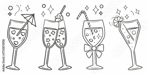 Set of four hand drawn outline cocktail glasses with festive decorations and sparkling elements
