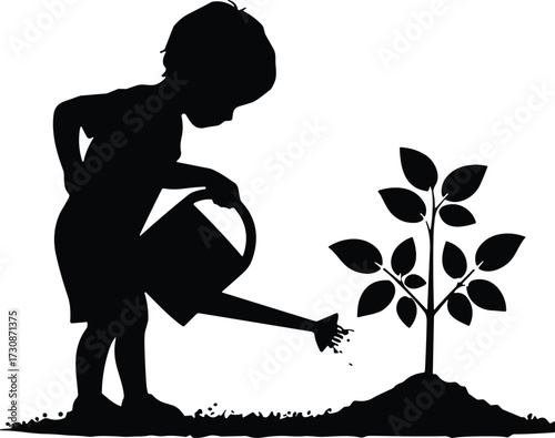 Child watering plant silhouette vector illustration, black nature care clipart, environmental responsibility design, growth and nurture concept artwork