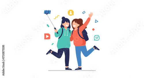 Two happy friends taking a selfie with a selfie stick on a white background with colorful abstract elements and social media icons.