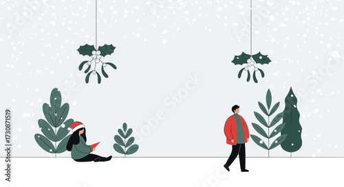 A cozy winter scene with people enjoying the snowfall and festive decorations during the holiday season.