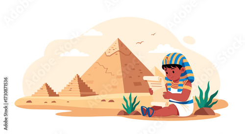 A young boy dressed as an ancient Egyptian pharaoh reads a scroll in the desert with pyramids in the background.