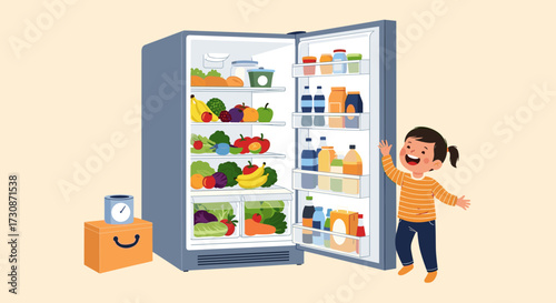 A happy child reaches into an open refrigerator filled with fresh fruits and vegetables.