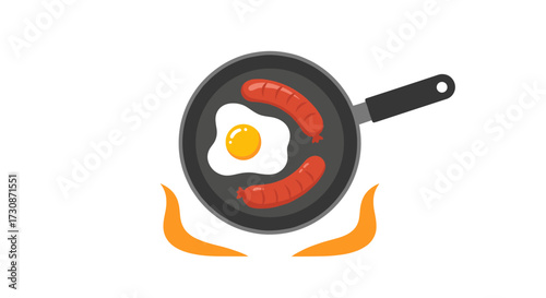 A delicious breakfast of fried eggs and sausages cooking in a pan over a flame.