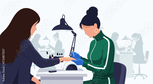 Manicurist carefully applying nail polish to a client's fingernails at a salon table under a bright lamp.