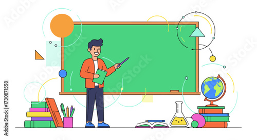 A dedicated teacher stands before a green chalkboard with various educational tools and abstract geometric shapes surrounding him.