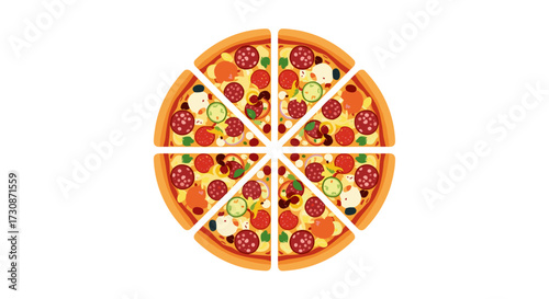 A delicious pizza cut into eight equal slices ready to be enjoyed by everyone.