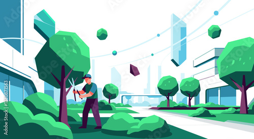 Gardener trimming trees in a futuristic park with geometric elements.