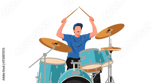 A man plays a drum set with enthusiasm and skill during a musical performance.