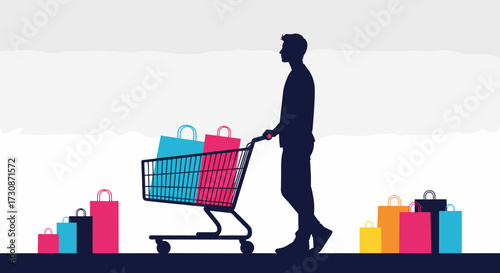 A silhouette of a man pushing a full shopping cart surrounded by colorful shopping bags.