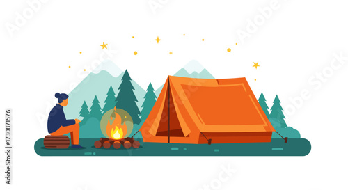 A person enjoys a campfire outside their tent in a scenic mountain landscape.