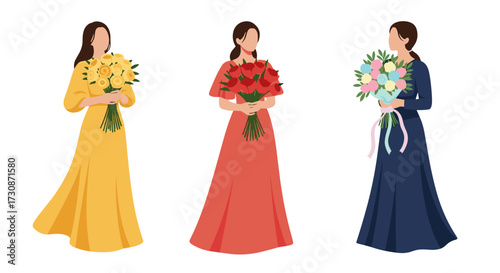 Three women in elegant dresses holding beautiful bouquets of flowers.