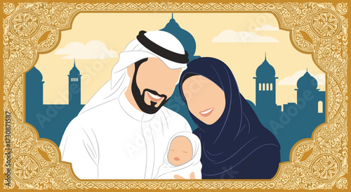 A happy muslim family celebrates the birth of their newborn baby child.