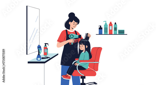 A hairdresser drying a young girl's hair with a hairdryer at the salon.