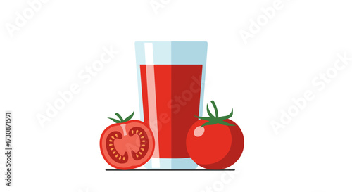 A refreshing glass of tomato juice next to whole and sliced fresh red tomatoes.