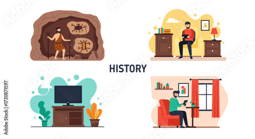 Illustrating the Evolution of Human Activities and Technologies Across Different Eras.