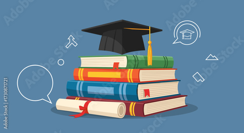 A pile of books topped with a graduation cap and diploma represents academic achievement and learning.