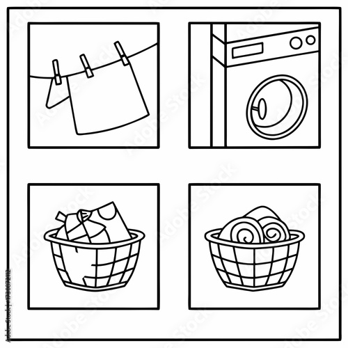 Laundry Day Icons Showing Clothesline, Washing Machine, and Baskets Full of Clean and Dirty Laundry, Perfect for Home Organization and Cleaning Concepts