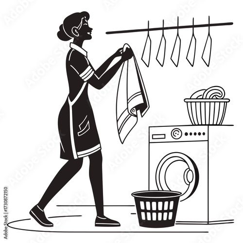 Woman doing laundry at home, hanging up towels after washing in a modern, minimalist setting, perfect for lifestyle or home service promotion