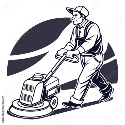 Professional floor cleaner diligently buffs surfaces, ensuring impeccable shine and cleanliness in a commercial setting, perfect for hygiene and maintenance