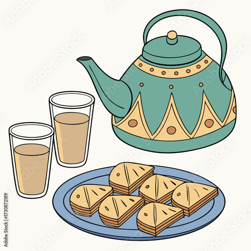 Elegant tea time illustration with Middle Eastern sweets, inviting relaxation and cultural warmth, perfect for culinary blogs and heritage projects